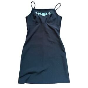 Vintage Y2K Black Body Con Mini Minimalist Blue Rose Embroidered Dress